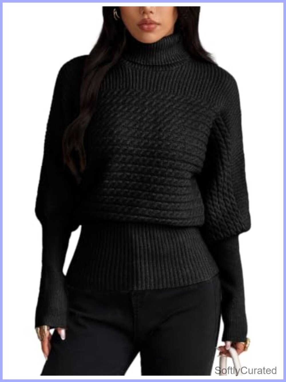 Turtleneck Cable Knit Sweater Balloon Sleeve Pullover